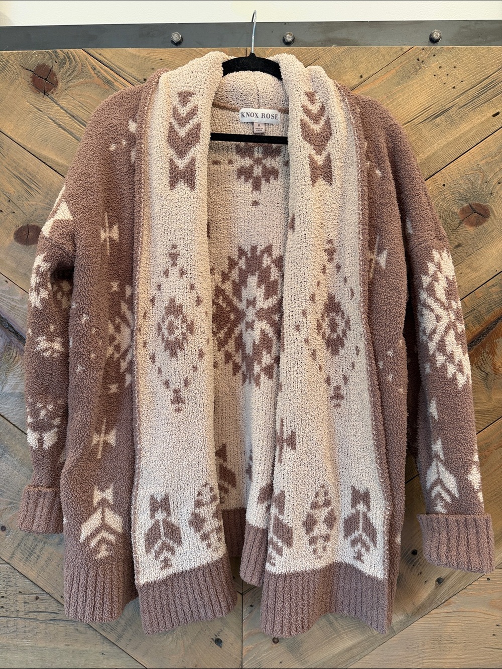 Knox Rose Cream and Brown Aztec Sherpa Open-Front Cardigan M
